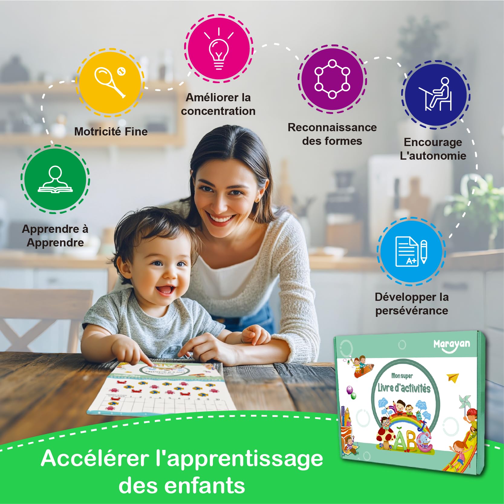 MARAYAN Quiet Book Montessori - Livre Activites Enfant 2 3 4 5 Ans, 15 Themes Educatifs en Francais, Motricite Fine & Alphabet, Cadeau Fille Garcon Anniversaire Noel Voyage, Busy Book, Jouet Sensoriel