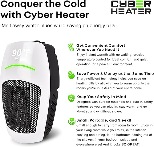 Miniatura 6 de Cyber Heater - Calentador portátil para uso en interiores, elegante y compacto con control remoto, cerámica eléctrica de 500 W para dormitorio,