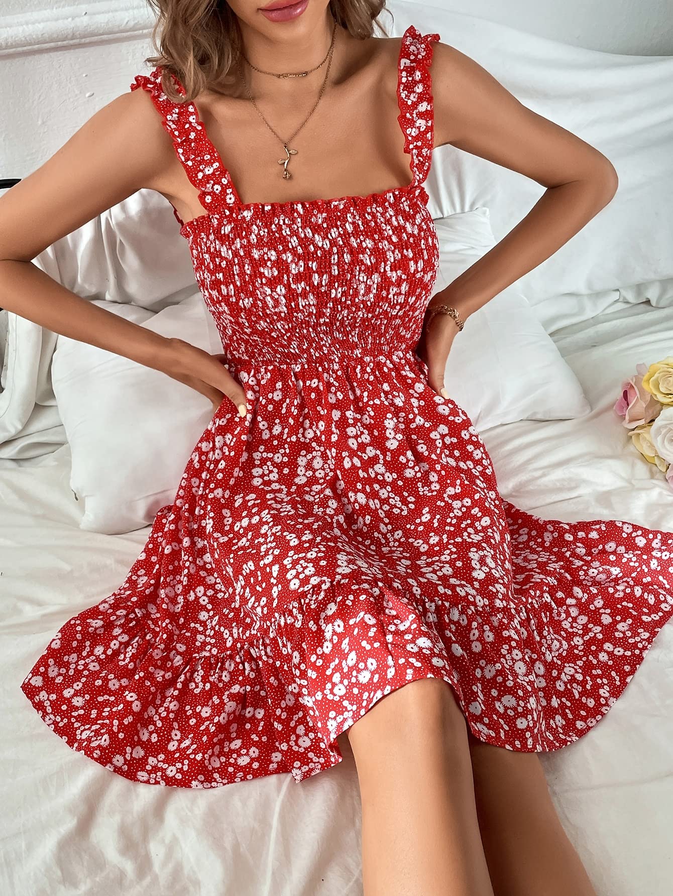 Amazon.com: Neeno Women's Dresses Ditsy Floral Print Shirred Frill Trim  Cami Dress Dress for Women(Medium) : Clothing, Shoes & Jewelry