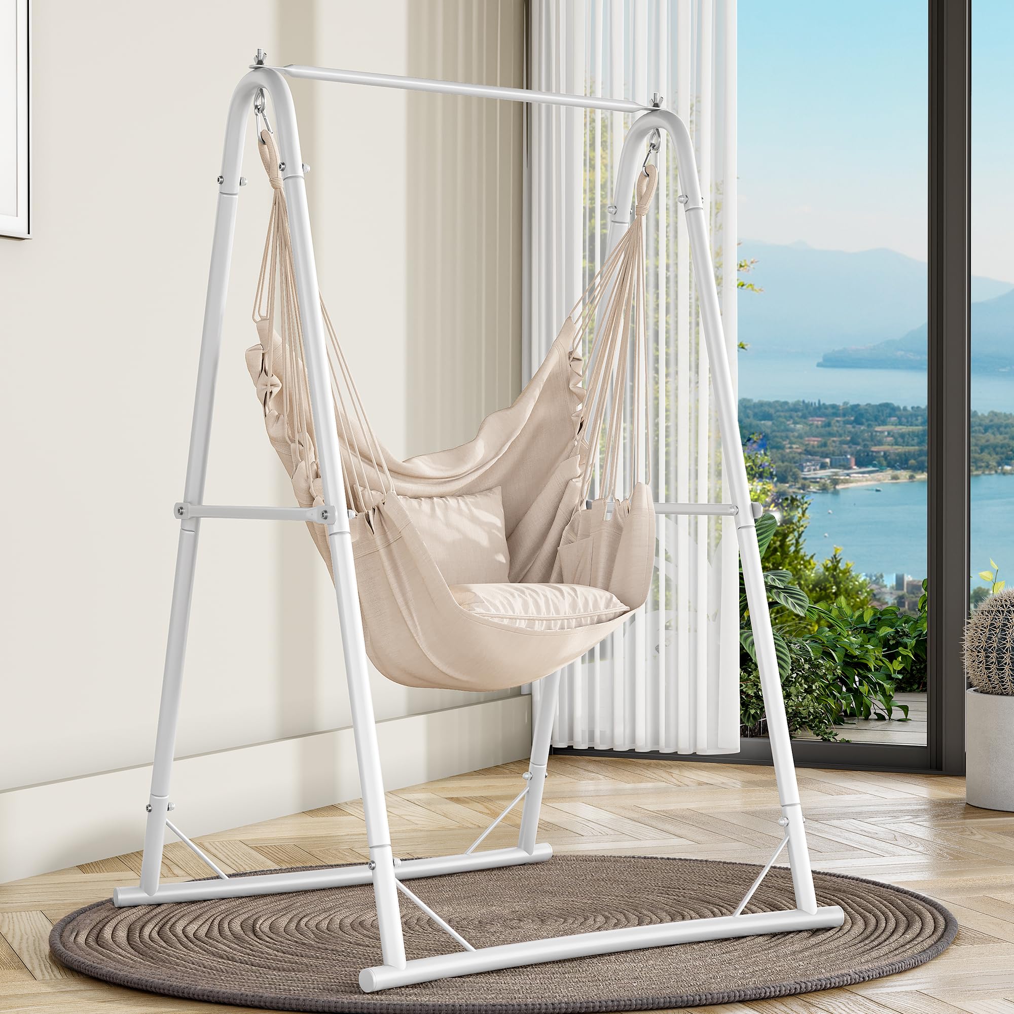 YITAHOME Hängesessel mit Gestell, Max. Belastung 150 kg, Stabiler Stahlrahmen, Hängeschaukel mit Kissen, Hängesessel mit 2 Haken für Terrasse, Balkon und Garte