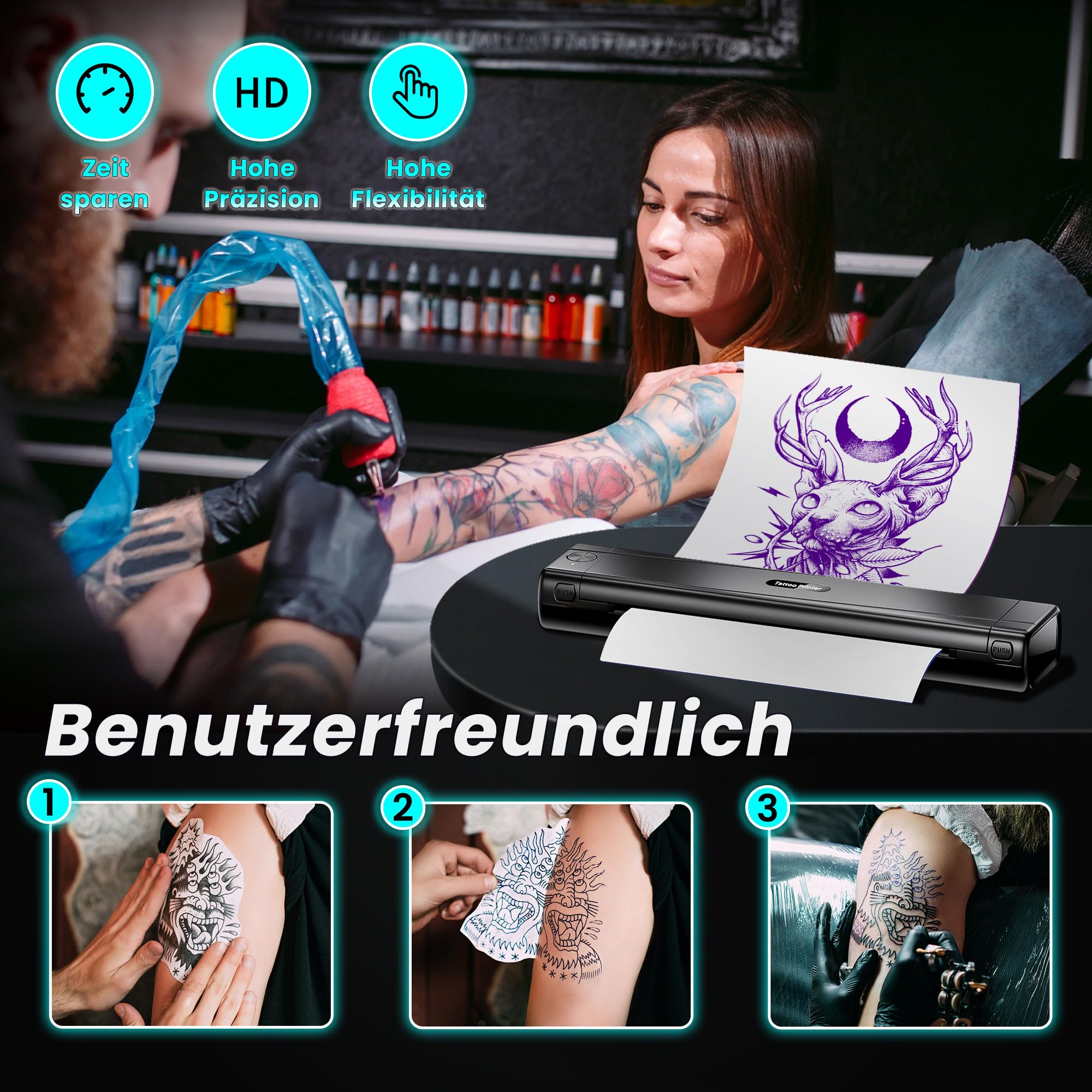 TATTMUSE Tattoo Drucker Bluetooth, Schablone Drucker mit 10 Stück Papier, A887 Stencil Drucker mit Smartphone & PC, Tattoo Transfer Nadeldrucker für Tattoo Künstler und Anfänger, Schwarz