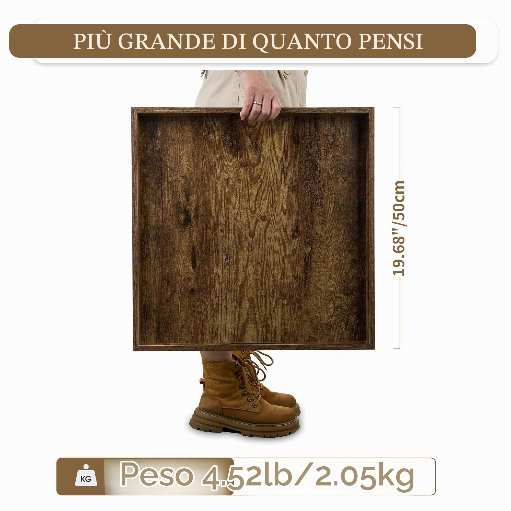 Hanobe Vassoio da portata per ottomano grande: vassoio rustico marrone tavolino da caffè quadrato 50 cm con manici per soggiorno – decorazione in legno extra oversize per feste in cucina