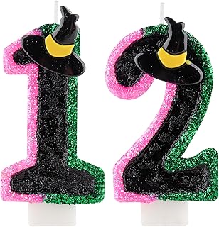 Birthday Number 12 Candles for Cake, Pink Green Black Party Decorations, Witch Birthday Party Decorations for Girls, Pink Green Birthday Candles, Cake Candle, Party Candle