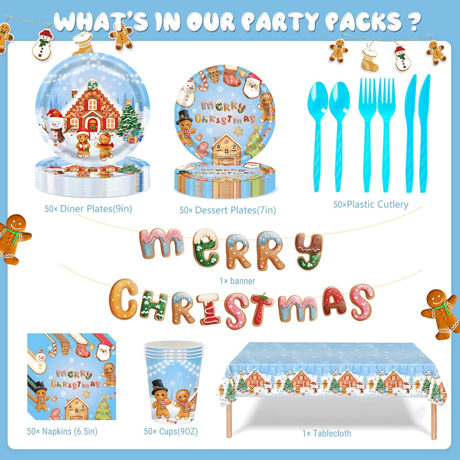 Gingerbread Party Supplies Set for 50 Guests, 365 Pieces Christmas Decorations, Holiday Tableware with Plates, Cups, Napkins, Banner, Tablecloth