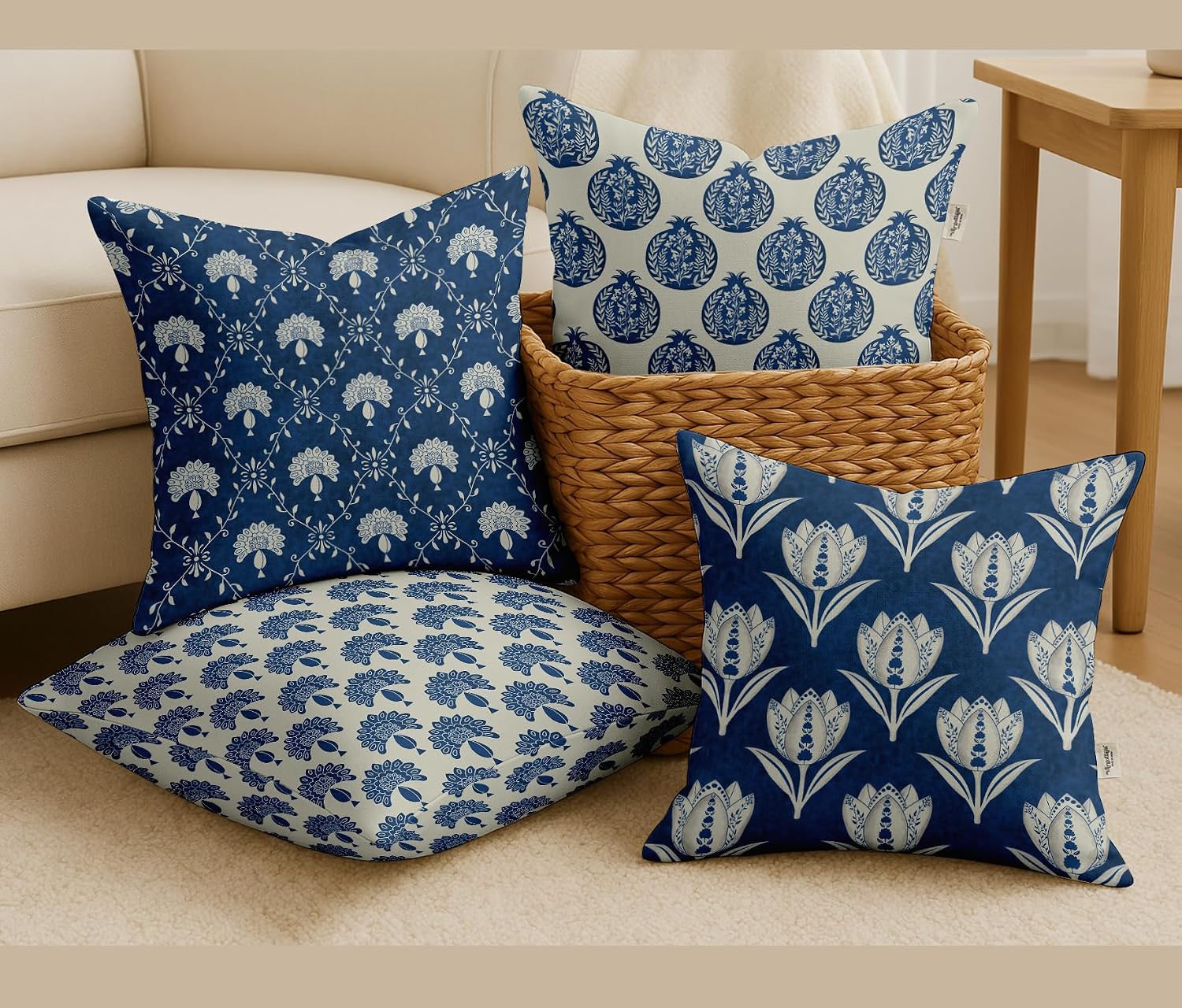 Set of 4 16x16 Inch Pillow Covers - 100% Cotton, Decorative Block Print, Double-Sided Print with Concealed Zipper - Filler Not Included - Blue