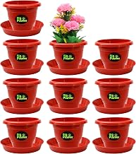 10 Inch Red Flower Pots with Tray Pack of 10 | Durable Plastic Planters with Base Plate | Suitable for Indoor Outdoor Gardening, Balcony & Home Plants