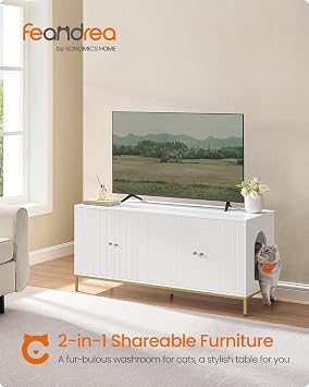 Feandrea Double Cat Litter Box Enclosure, Hidden Litter Box Furniture with Double Room, for 2 Cats, Modern Style, 47.2 Pet House Washroom Cabinet, Side End Table, TV Stand, White and Gold