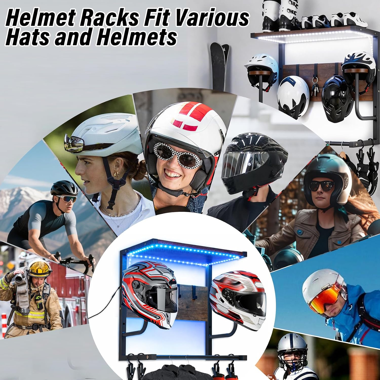 Motorcycle Helmet Rack Wall Mount with RGB Light, Heavy Duty Steel