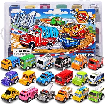 KarberDark 18 Pack Mini Assorted Pull Back Car Toys, Party Favors | Storage Organizer Box, Birthday Gift, for Kid, Mini Model Vehicle Set with Display Case for Child Toddler