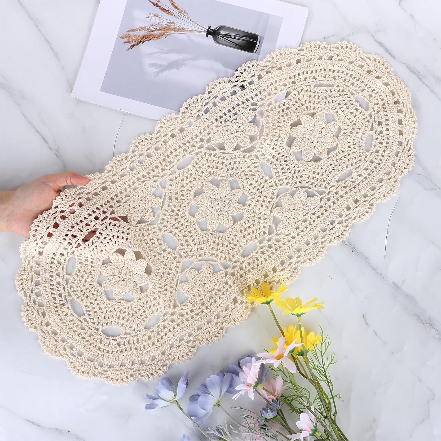 Oval Lace Table Runner Cotton Crochet Lace Table Runner Doilies Floral Tables Scarf Furniture Cloth Cover Handmade Tables Dresser Scarf Décor Crochet Placemats (Beige Oval, 12x24 Inch)