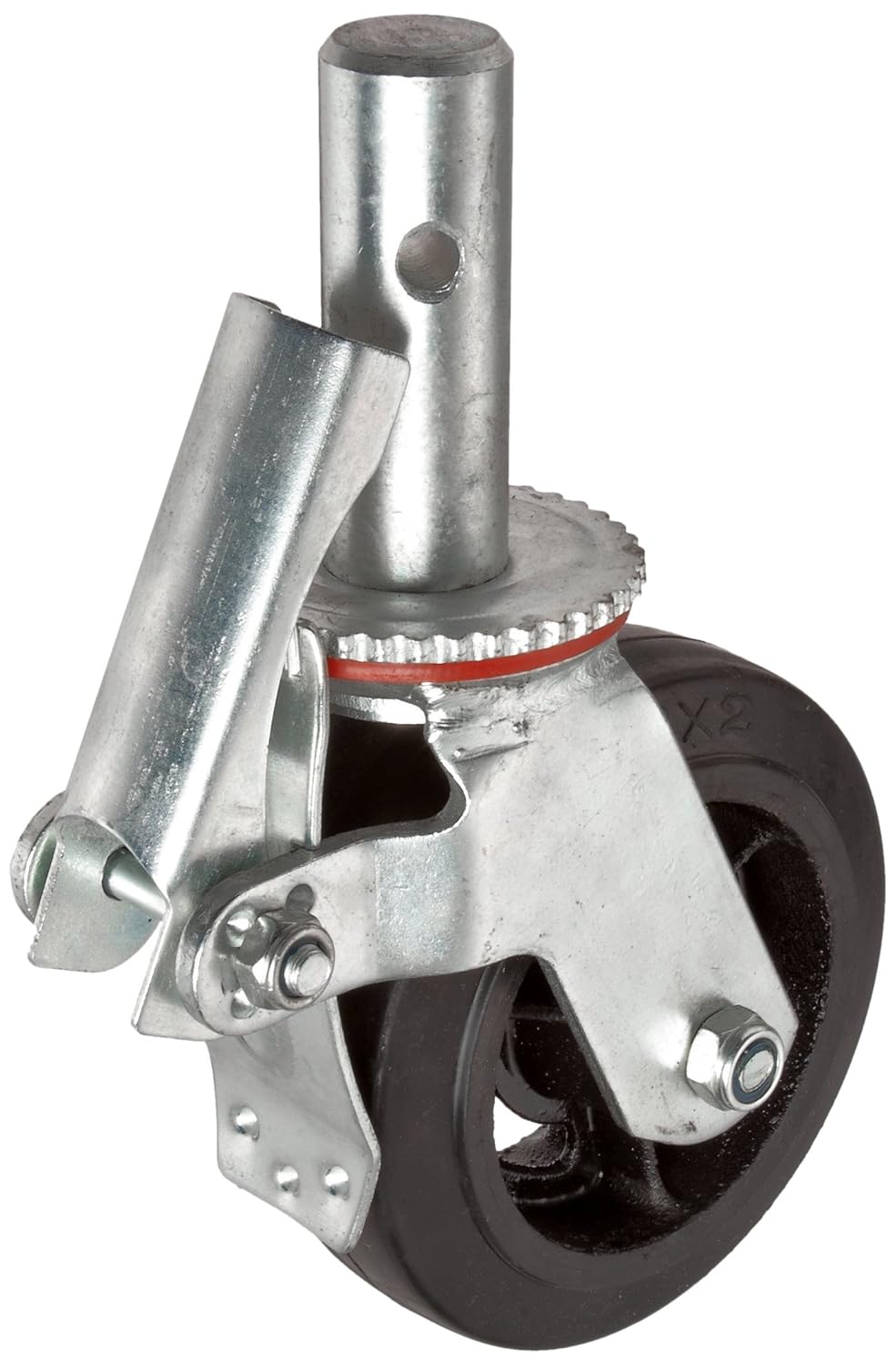 Locking Stem Scaffold Caster, Swivel with Lock, Rubber on Iron Wheel, Roller Bearing, 410 lbs Capacity, 6" Wheel Dia, 2" Wheel Width, 7-1/2" Mount Height, 1-3/8" Stem Dia, 3-3/4" Stem Height