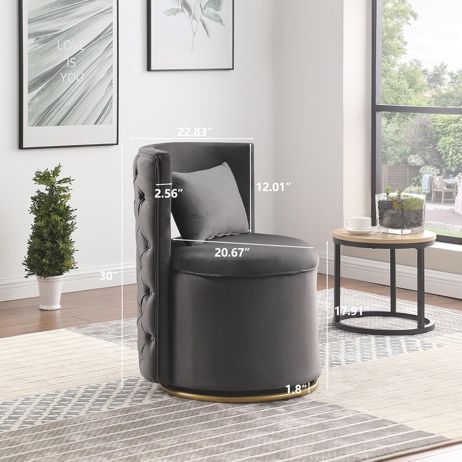 360° Swivel Accent Chair Velvet Chair with Storage Function Curved Chair with Gold Metal Base Accent Chair for Living Room, Bedroom, Home Office,Apartment-Grey