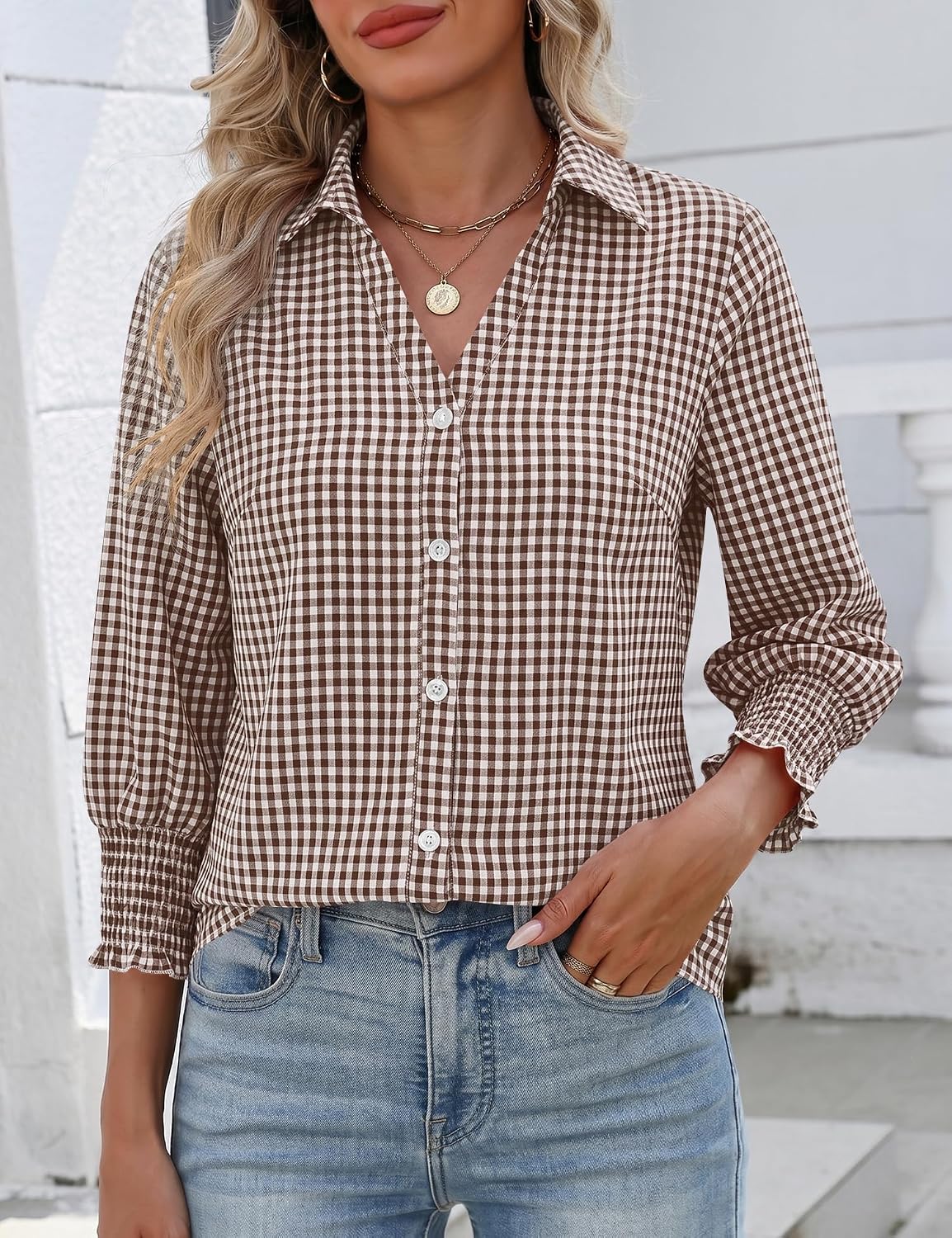 AKEWEI 3/4 Length Sleeve Collared Button Down Shirts for Women