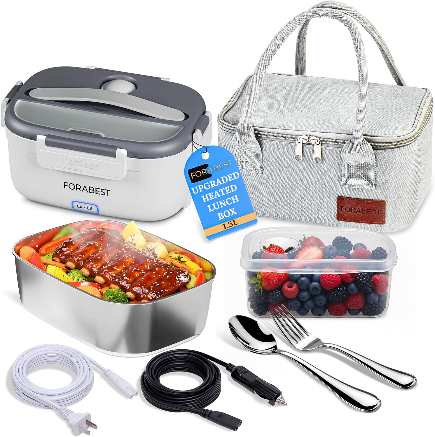 FORABEST Heated Lunch Box - 80W Electric Lunch Box, Portable Food Warmer with 1.5L Stainless Steel Container, Utensils & Carry Bag, On/Off Switch, 12V/24V Car/Truck & 110/220V Home/Office, White Gray