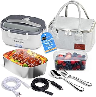 FORABEST Heated Lunch Box, 80W Electric Lunch Box for Adults, Portable Food Warmer with 1.5L Stainless Steel Container, Utensils & Carry Bag, On/Off Switch, 12V/24V Car/Truck & 110/120V Home/Office
