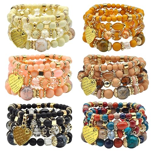 Bohemian Bracelet Sets for Women - 6 Sets Stackable Stretch Bracelets Multi-color Boho Jewelry for Women Hippie Bracelets Dainty Jewelry