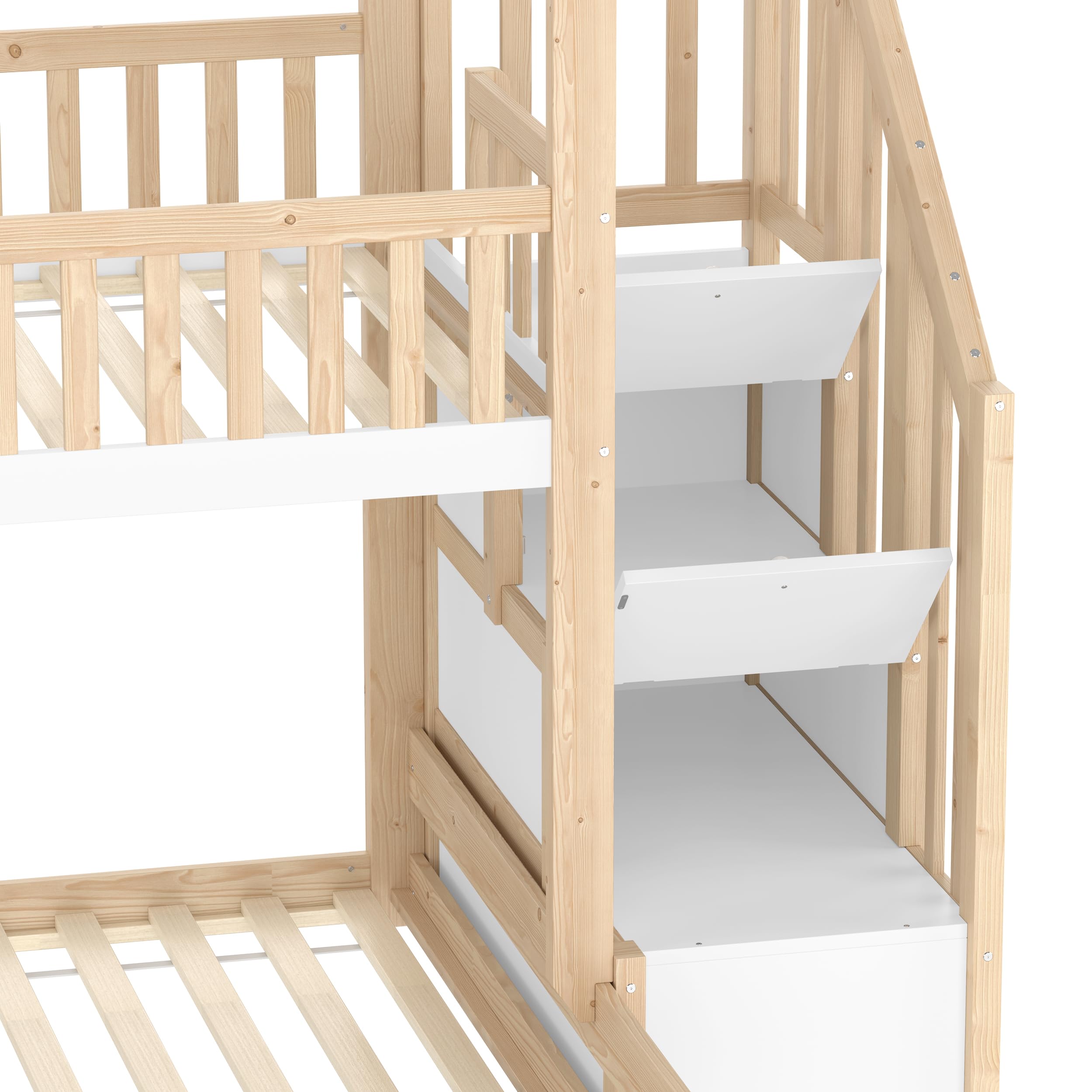 Moimhear Letto a castello, letto per bambini, scaletta per finestre, listello naturale e bianco, legno di pino+MDF + Plywood (90 x 200 cm+140 x 200 cm)