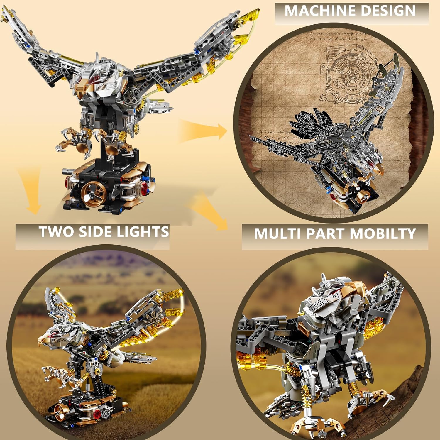 Mechanical Eagle Building Set with Mechanical Articulation & Light Effects. Realistic Details, Compatible with LEGO Animal Series, Ideal for Home & Office Display Collectible Model (1168PCS)