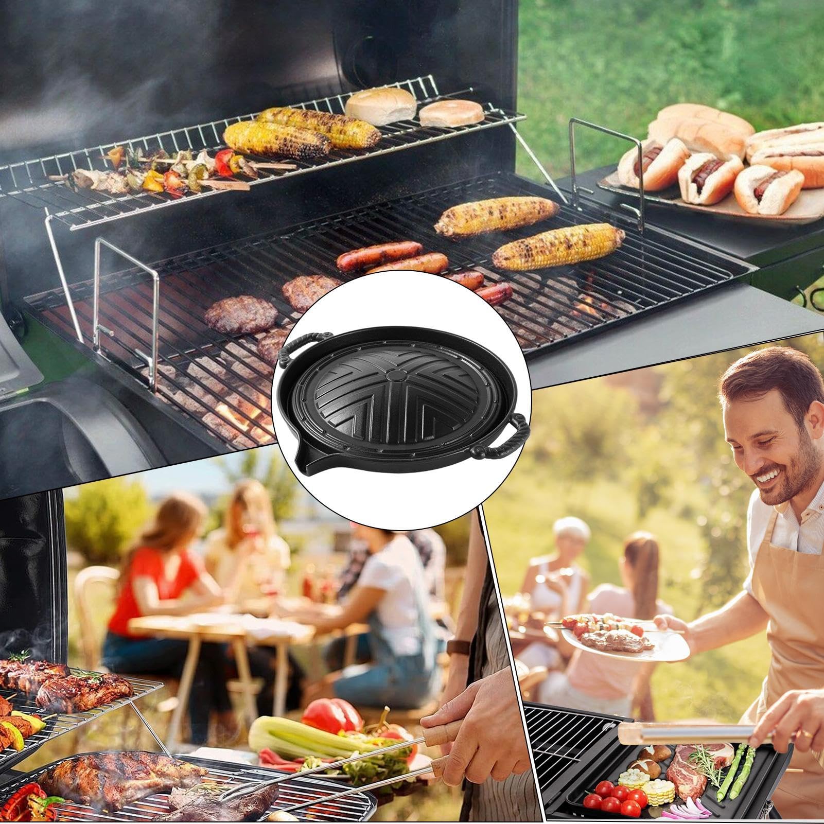 Żelazna żeliwna, żeliwna patelnia BBQ Przenośna płyta | Grillowanie talerza smażenia nonstick, 11 -calowa okrągła griddle na do pomieszczenia lub zewnętrznego