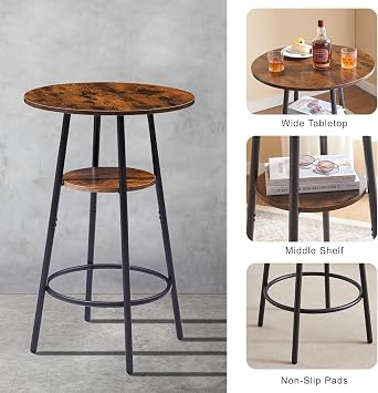 Round Bar Table Set with Shelves, Industrial Pub Coffee Table with 2 High Back Stools for Kitchen Breakfast Table, Living Room, Party Room, 23.6'' Dia x 35.4'' H (Rustic Brown)