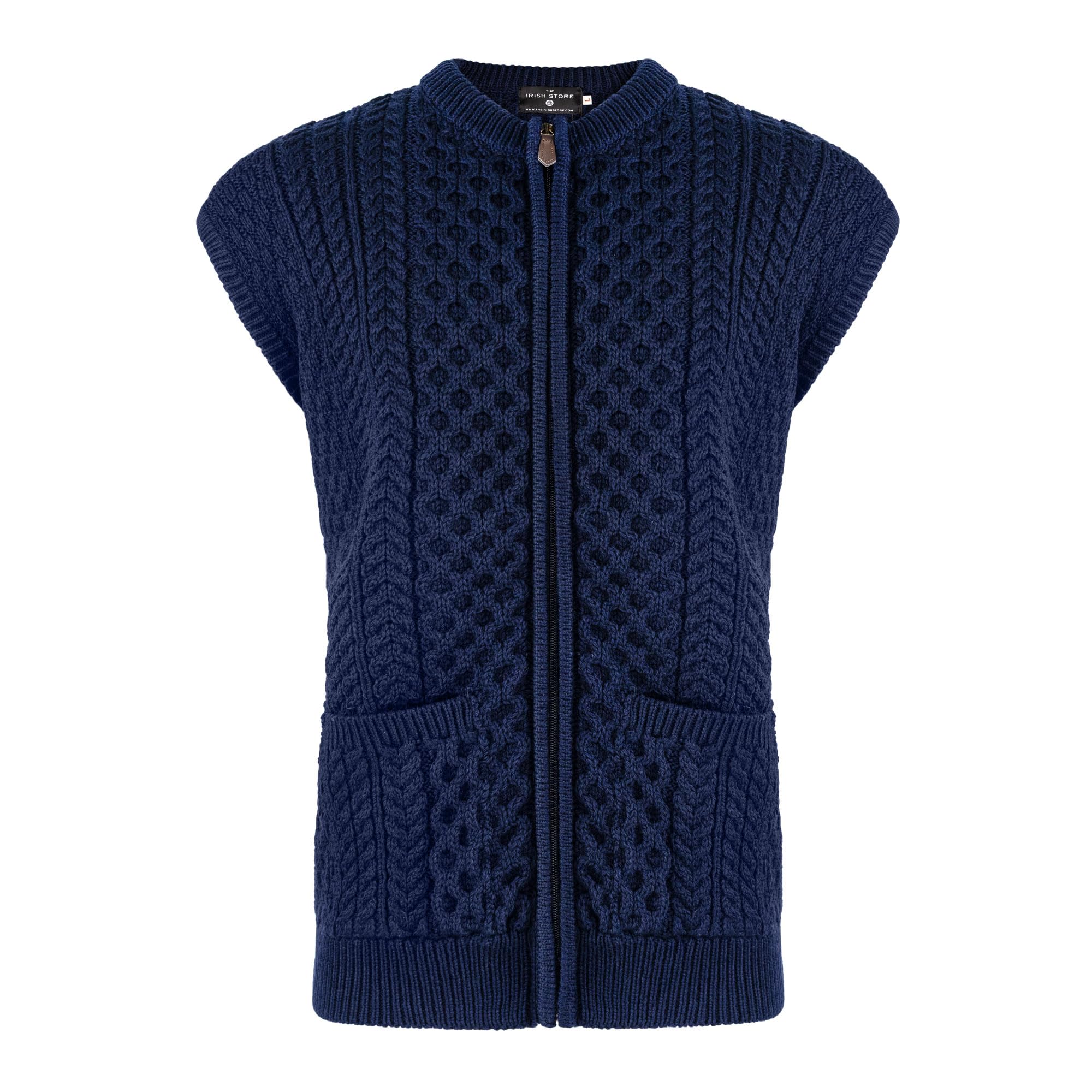 Cardigan leggero da uomo, senza maniche, con cerniera, calda, 100% lana merino, maglia Aran a trecce (blu navy, M)