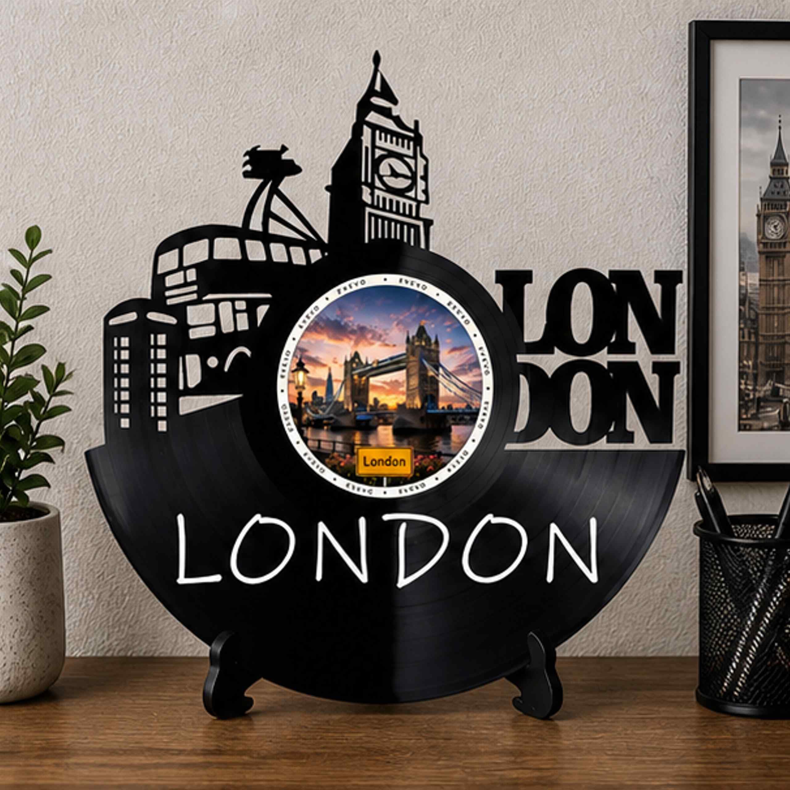 EVEVO Decorazione da parete a forma di disco di Londra, in vinile, motivo skyline dell'Inghilterra, regalo per i fan di Londra, amanti del Regno Unito, D0050