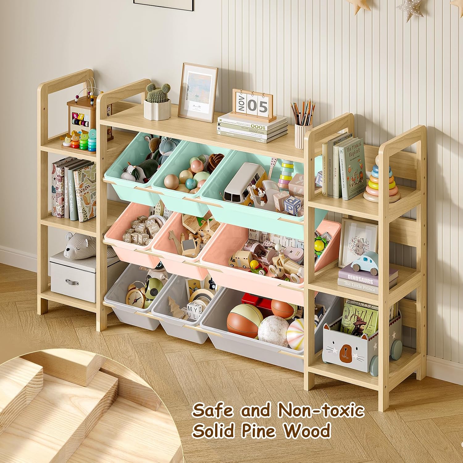 EXPERLAM Large Toy Storage Organizer, Top Rack, 6 Shelves, 9 Colorful Bins