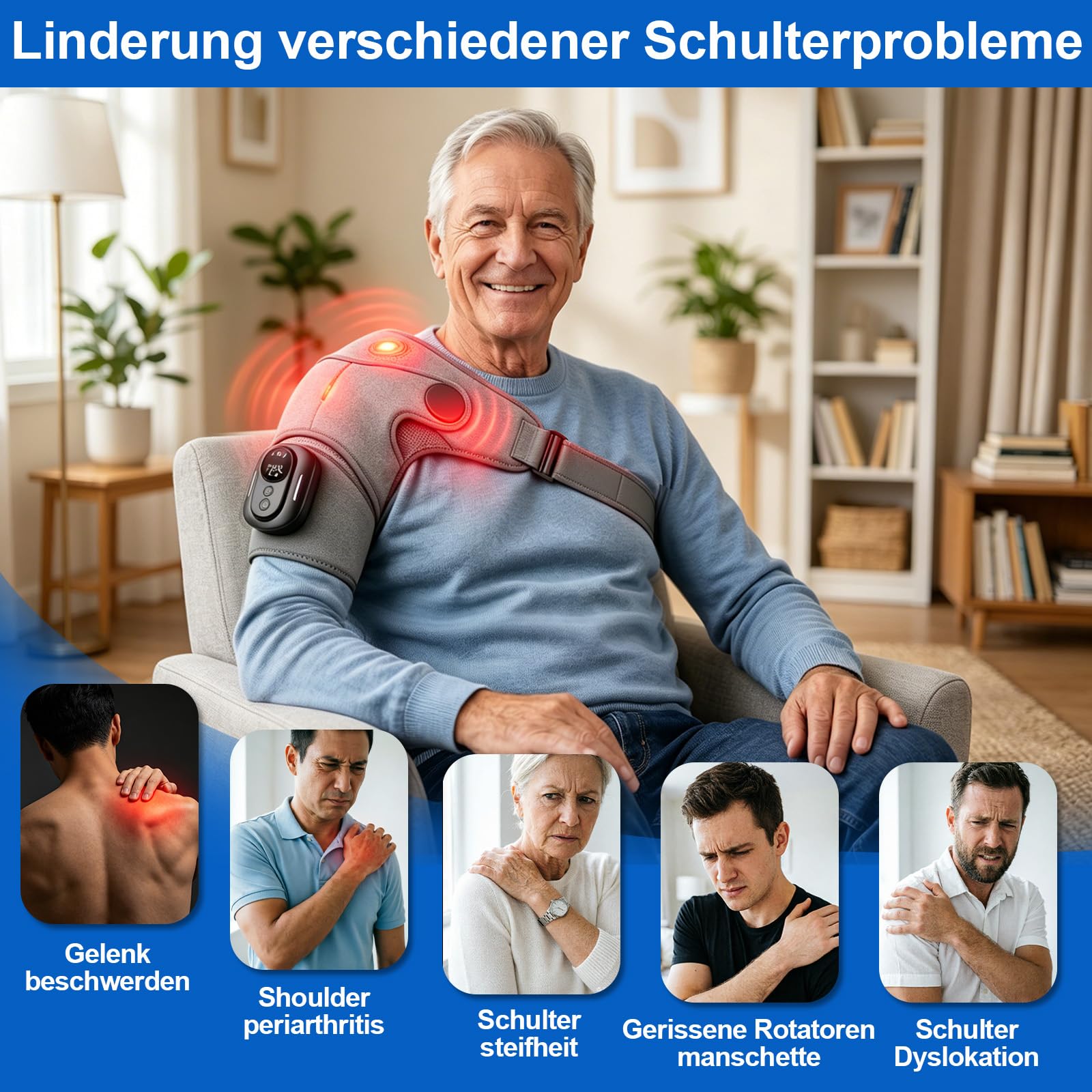 Schulter Massagegerät, 3-in-1 Massagegerät mit magnetischer Steuerung, Schulterbandage mit 5 Heizstufen & Vibration, 5000mAh Akku, 6600r/min Motor Schultermassagegerät für Zuhause & Büro, Grey