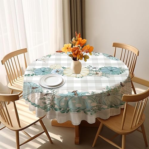 Miniatura 2 de Mantel redondo de otoño de 70 pulgadas, decoración de otoño de calabazas para mesa, calabazas azules resistentes al agua, decoración de mesa de