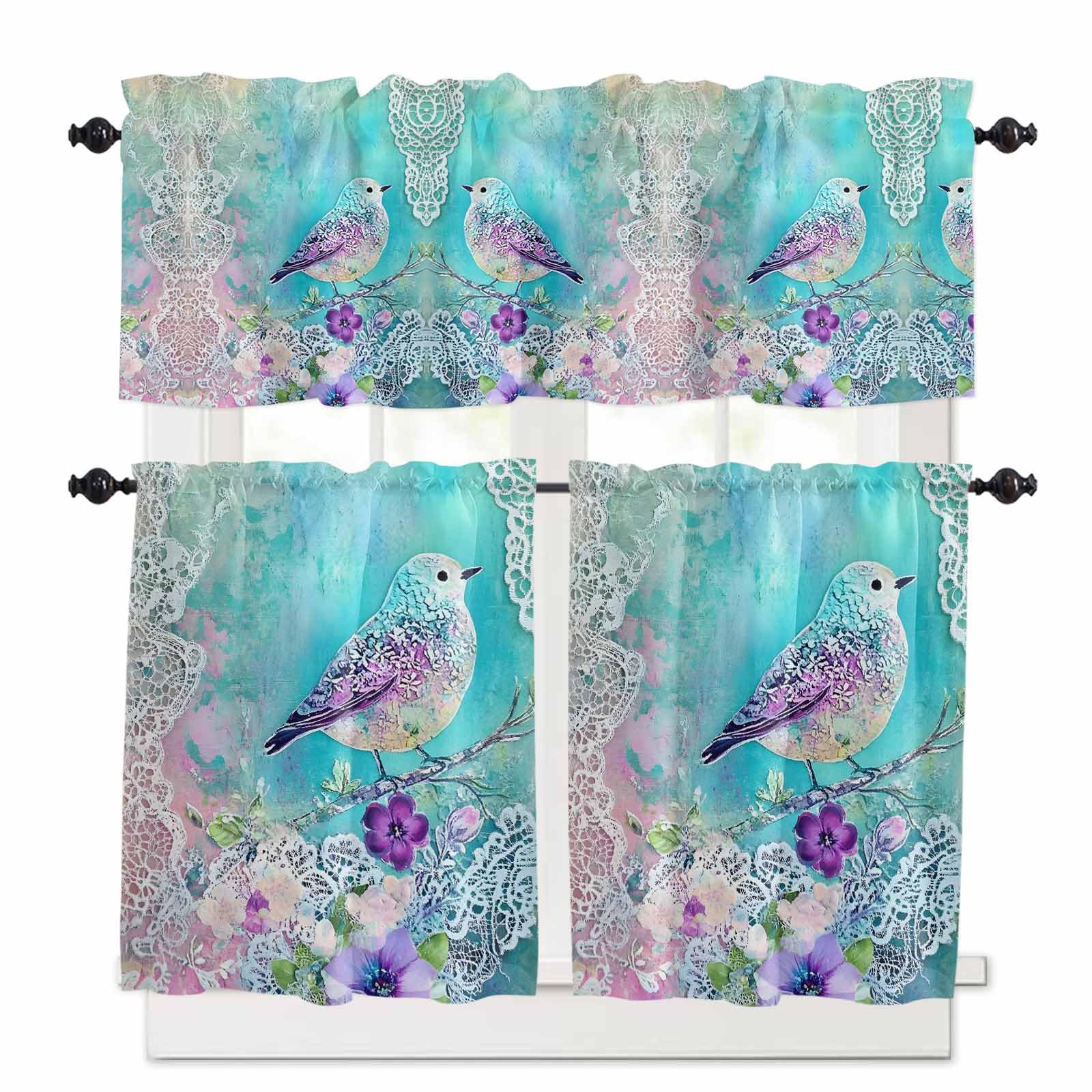 Teal Pink Birds Kitchen Curtains 36 Inch Length,3 Piece Rod Pocket Small Half Tiers and Valance Set,Abstract Watercolor Flower Leaf Branch Small Large Window Treatment Decor for Bedroom/Bathroom Sink