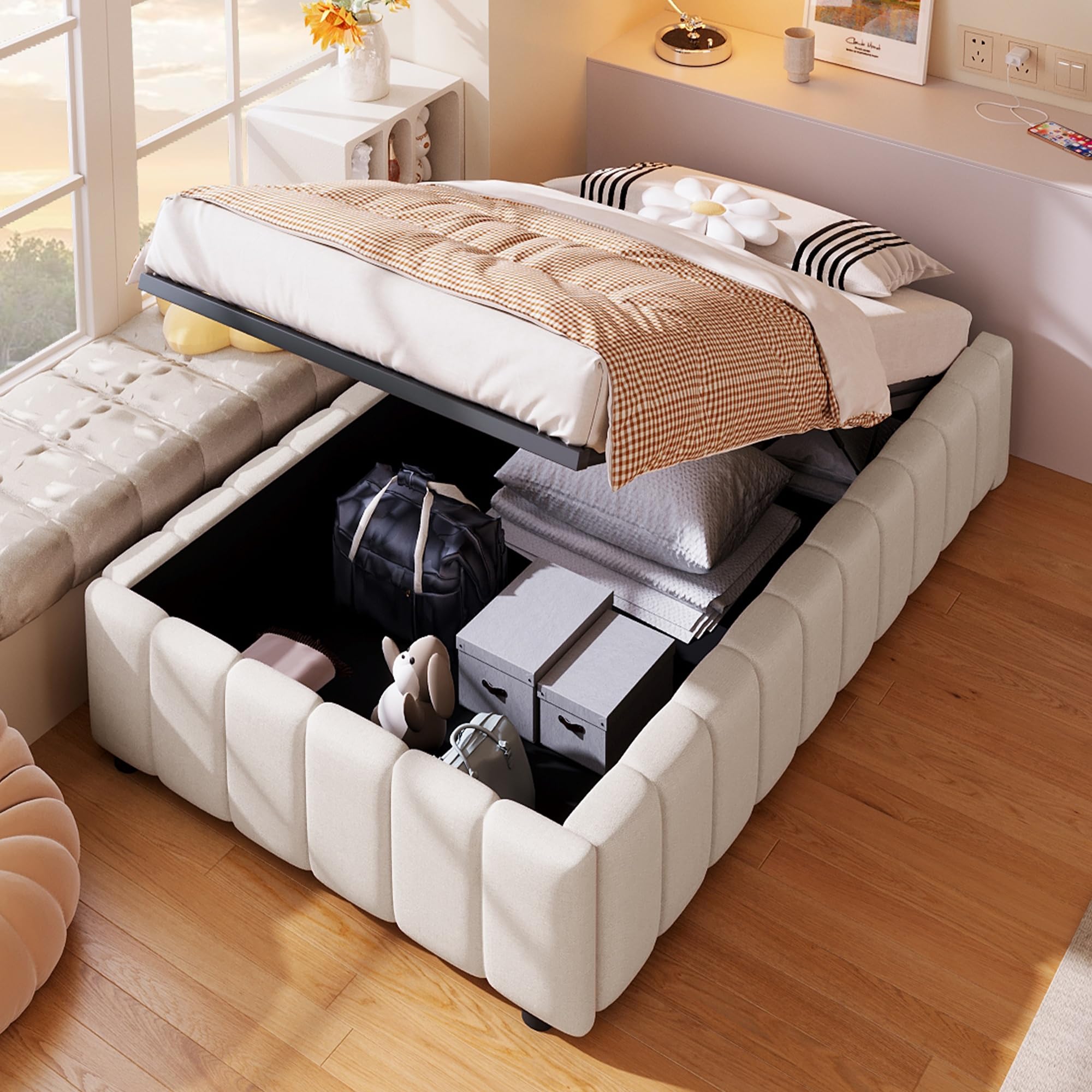 Cama tapizada con almacenamiento hidráulico, 90 x 200 cm, sin cabecero, sin colchón, beige, lino, MDF