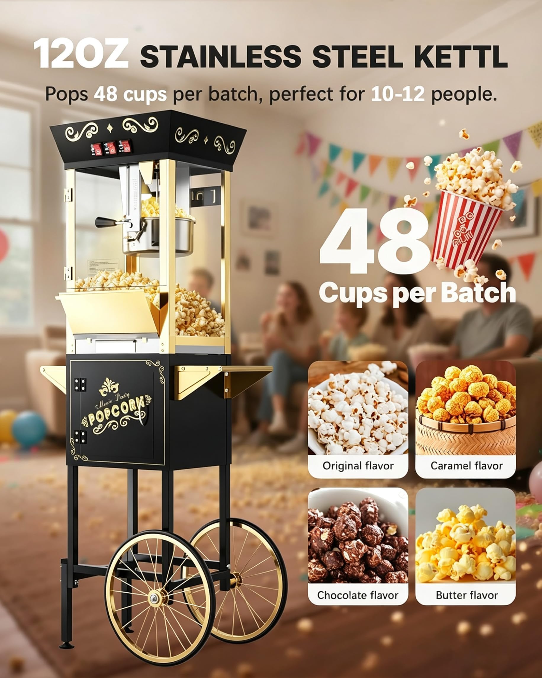 Carrito de máquina de palomitas de maíz mejorado 2025 de 12 onzas, máquina para hacer palomitas de maíz con hervidor de acero inoxidable que hace hasta 48 tazas, máquina de maíz pop de cine con