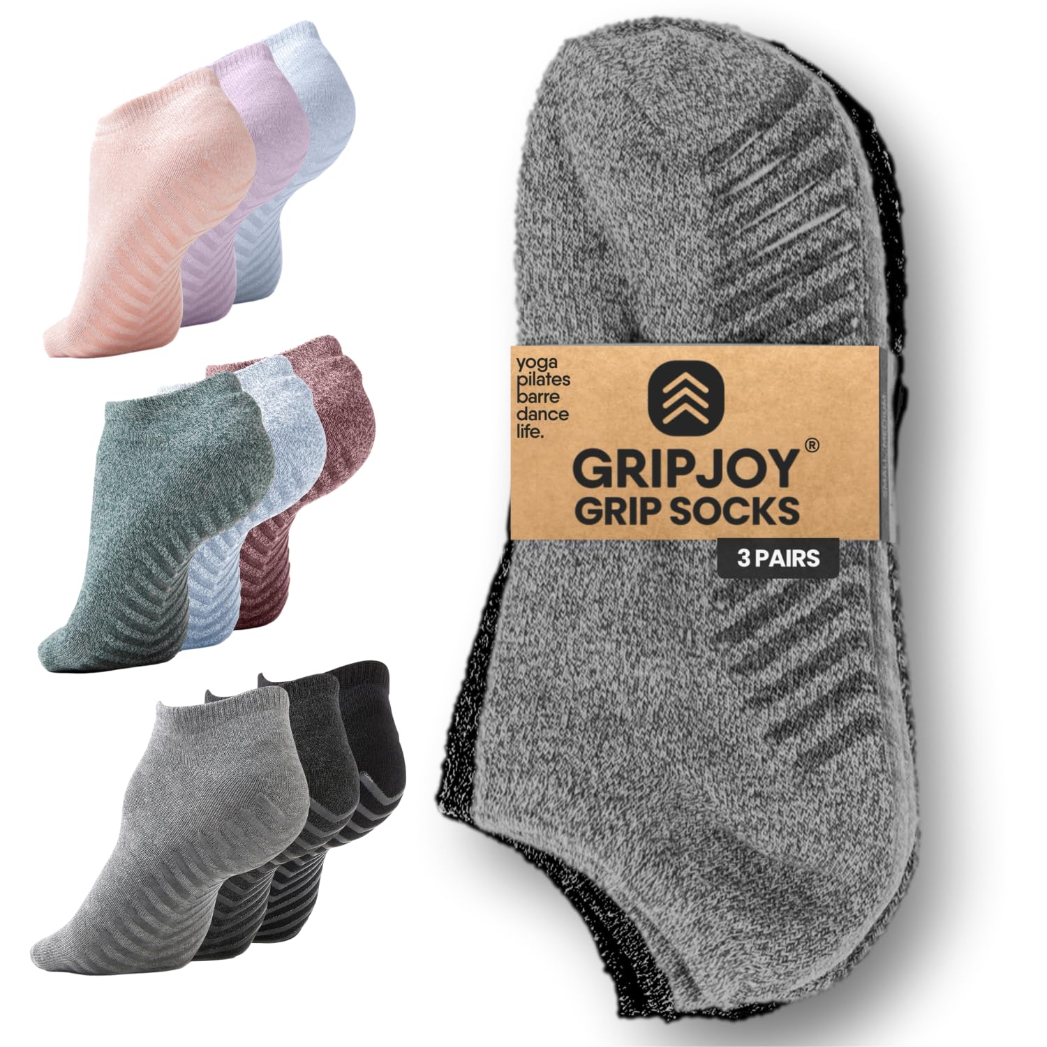Gripjoy Grip Socks 3-Pack, Non Slip Socks for Yoga, Pilates, Barre, Dance
