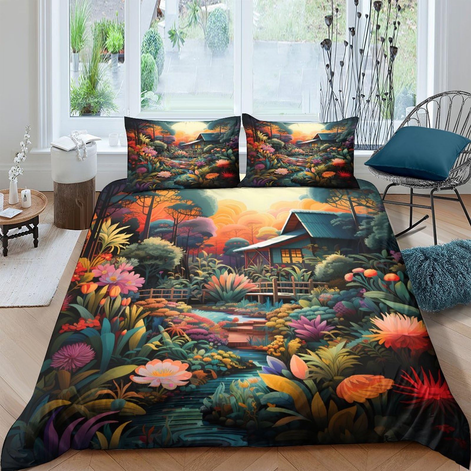 Ctjqhvkz Style-6 3D Printed Sunset Forest Cabin Fitted Sheet Microfiber Anti-Slip Machine Washable Floral Mattress Cover Decor Single（135X200cm）