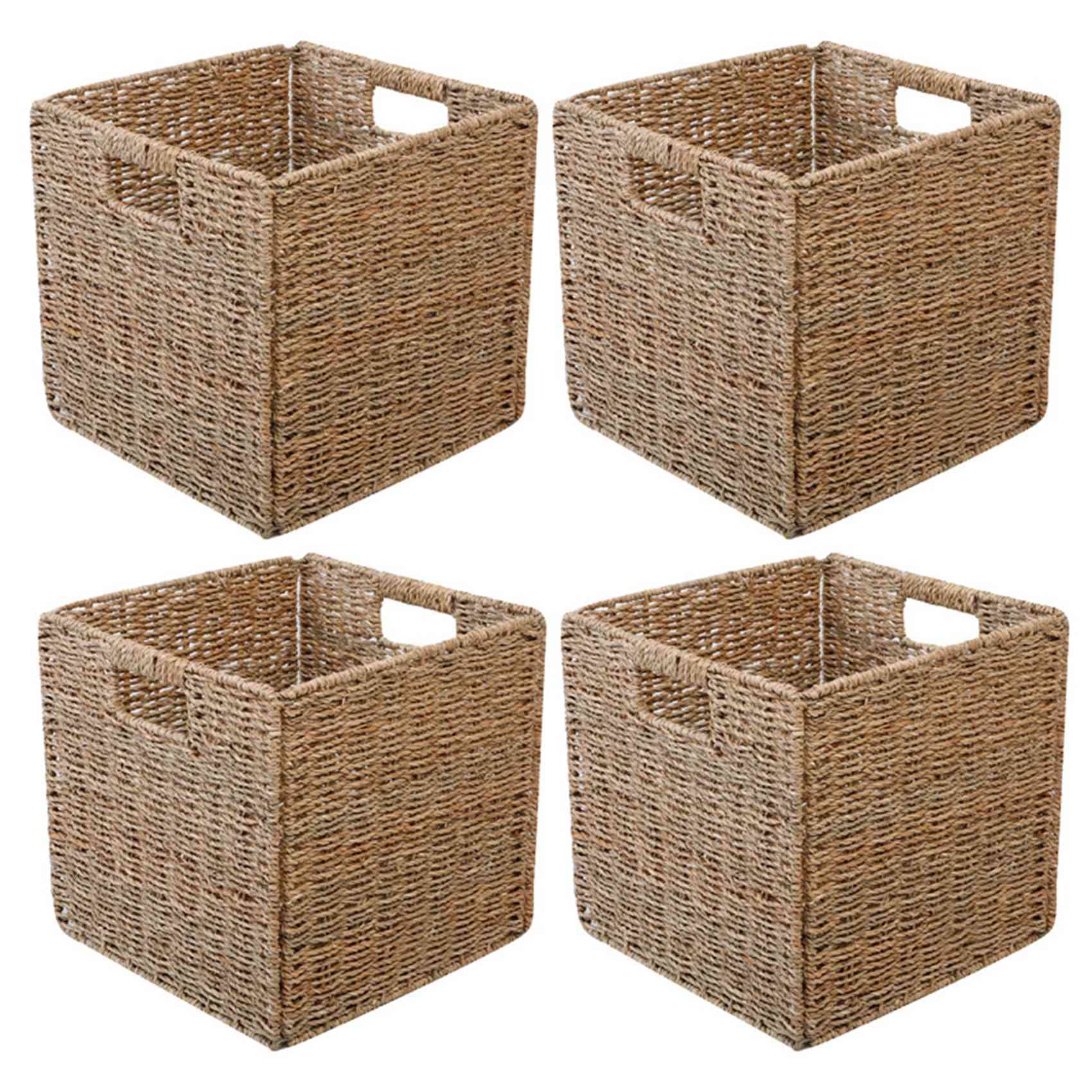 Hndhbfgrt 4X Woven Seagrass Farmhouse Kitchen Storage Organizer Basket Bin with Handles for Cabinets,Pantry,Bathroom,Laundry Room