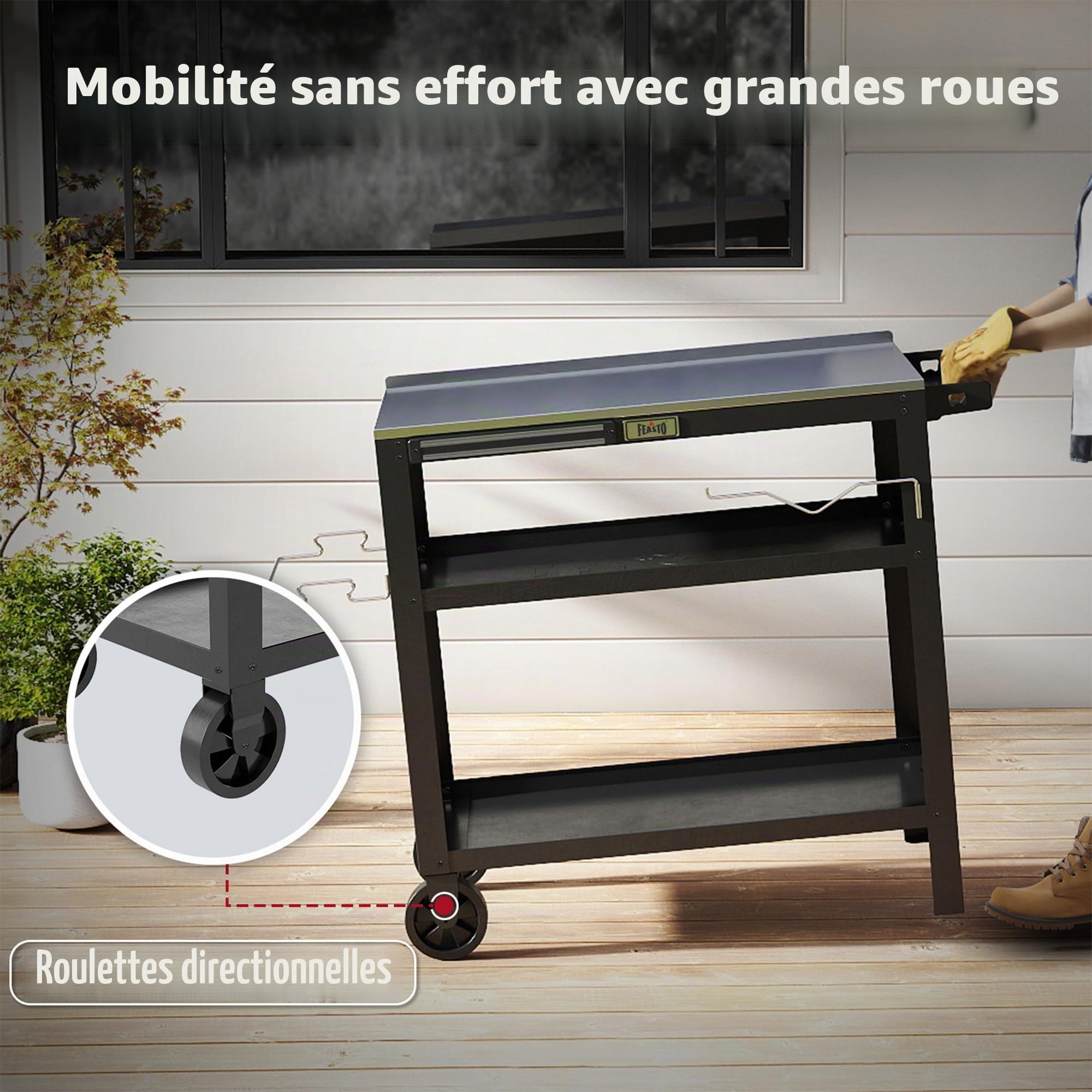 Feasto Chariot de Barbecue d'extérieur de 80 x 45,7 cm avec Plateau en Acier Inoxydable, Table de Gril Mobile avec Support d'assaisonnement et Support magnétique pour Outils, Table de préparation des