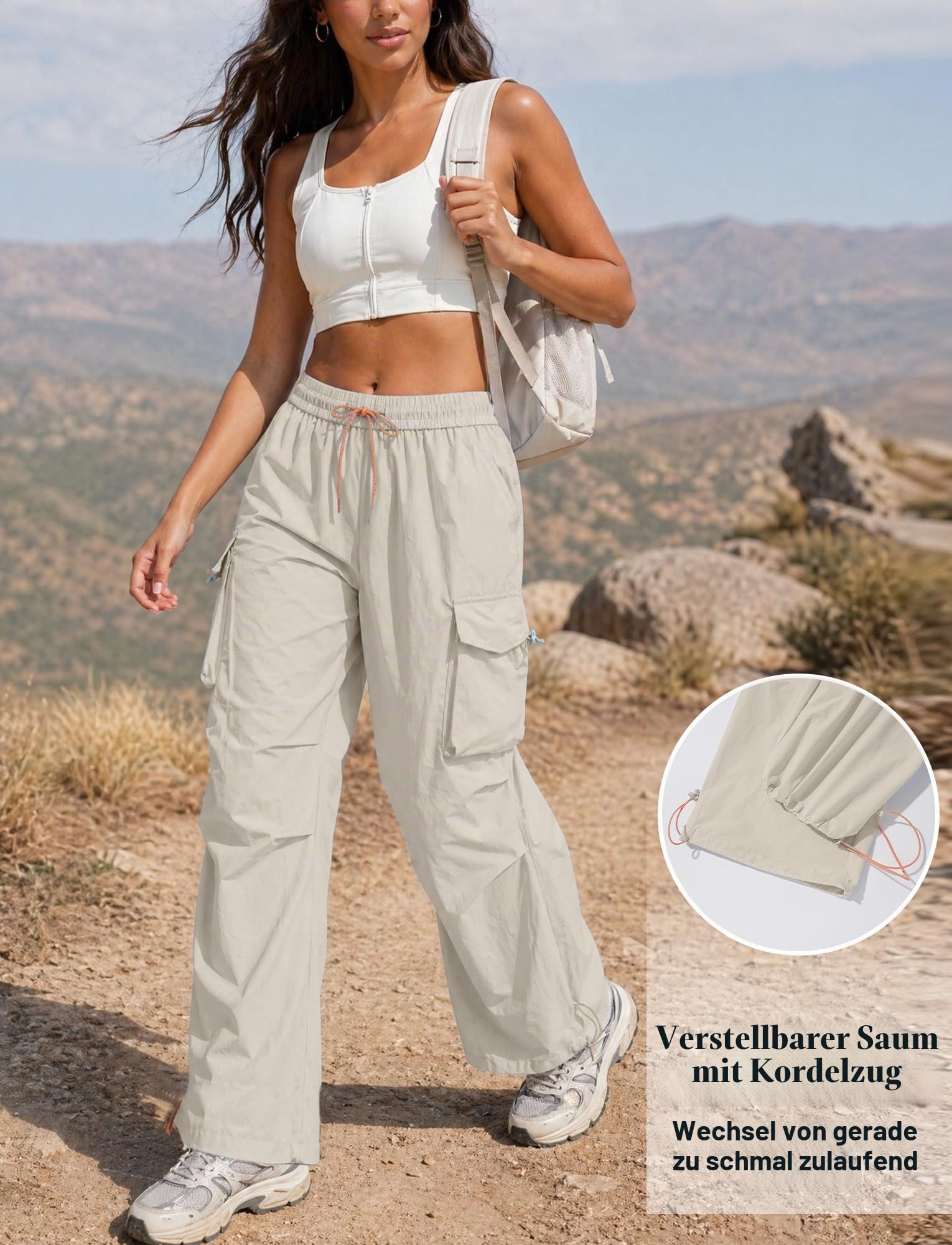 FEOYA Damen Wanderhose Wasserfest Schnelltrocknend Outdoorhose Weites Bein Cargohose Baggy Parachute Pants High Waist Trekkinghose