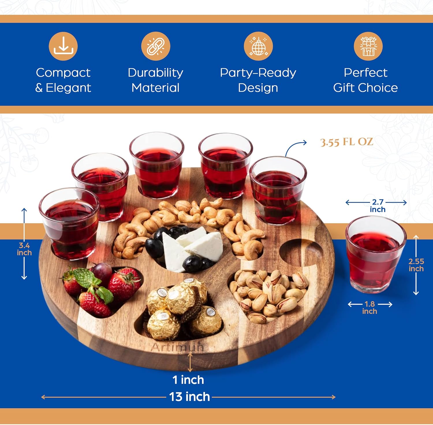 Tequila Shot Glasses Wooden Tray for Gift and Decorations, Elegant Serving Tray for Parties and Celebrations, Shot Glasses Set, Charcuterie Boards, with Six Drinking Glasses, Bar Accessories