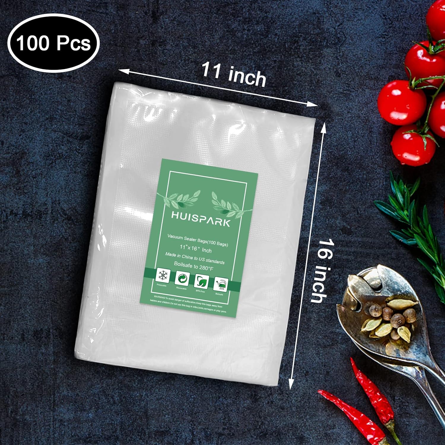 11" x 16" Vacuum Sealer Bags Heavy Duty Pre-Cut Design Commercial Grade Food Sealable Bag for Heat Seal Food Storage,Smell Proof Bags Boilsafe to 280°F Freezable, Resizable (100Pcs)