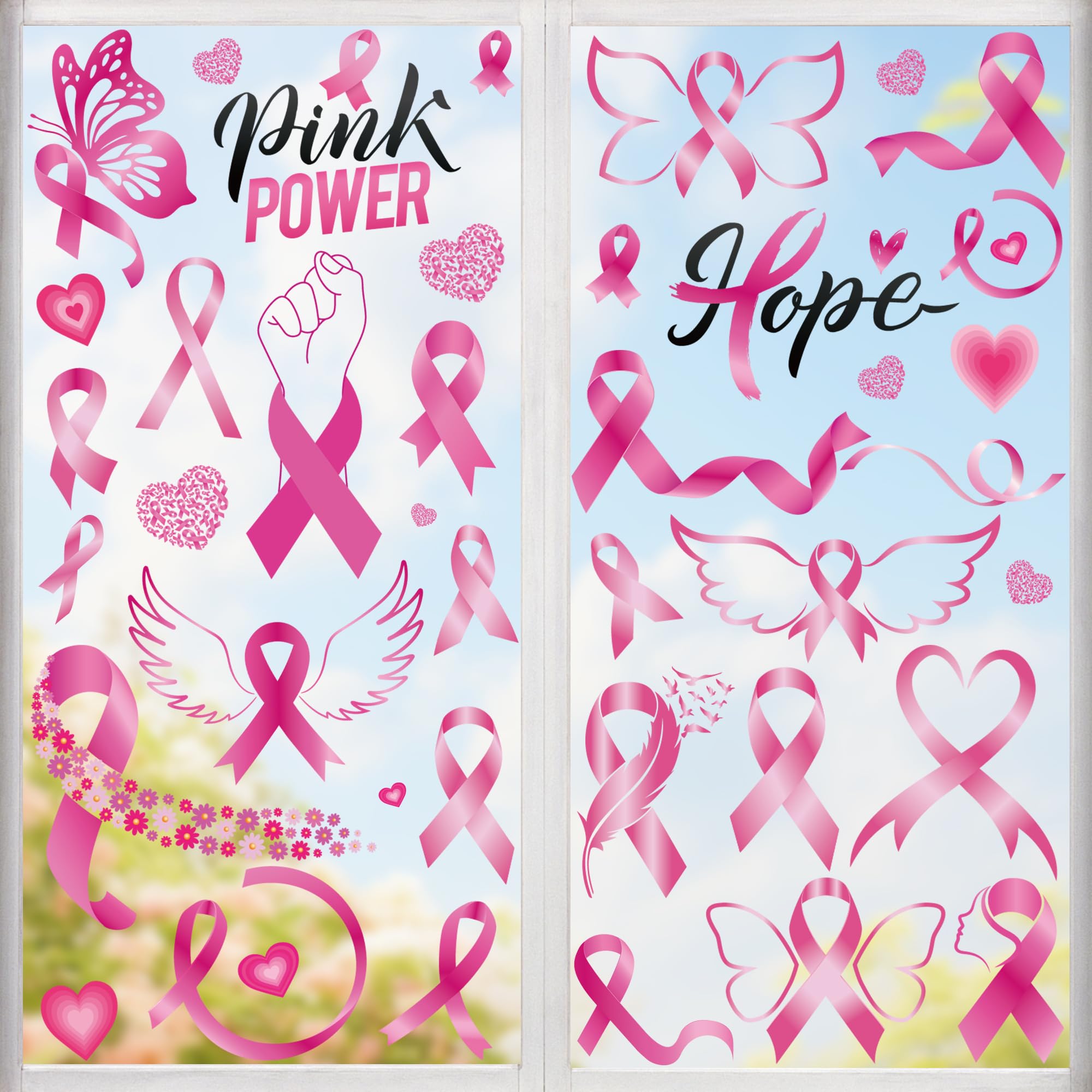9 Sheets Breast Cancer Awareness Window Clings, 79 Kinds of Pink Window PVC Stickers for Pink Ribbon Decorations, Hope Fight Cancer Theme Windows Decals for Glass Home Decor Supplies