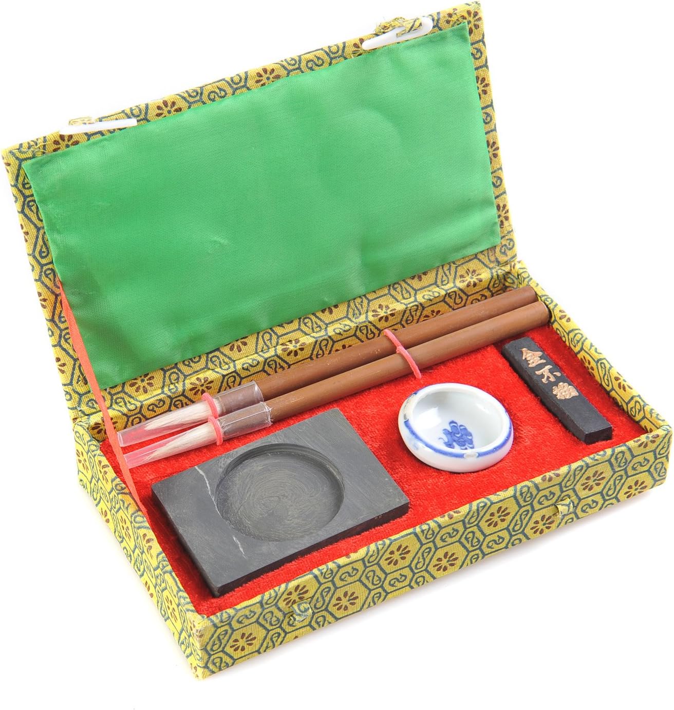 Calligrafica Basic: Set 5 Pieces in Wooden Box (2 Brushes, 1 Stone Well, 1 Ink Stone, 1 Ceramic Ink Well), Box Size: 7.1 inch x 3.94 inch x 1.18 inch, Mod. H-CGS-5-01