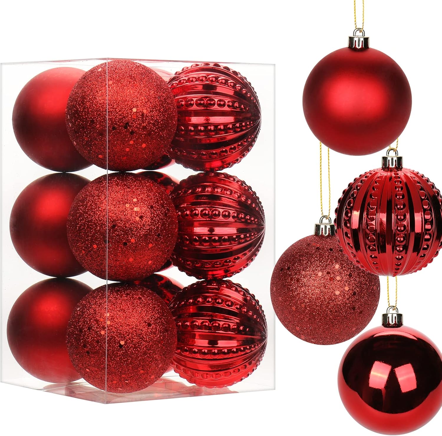 3.15" Red Christmas Balls Ornaments 12 Pcs Shatterproof