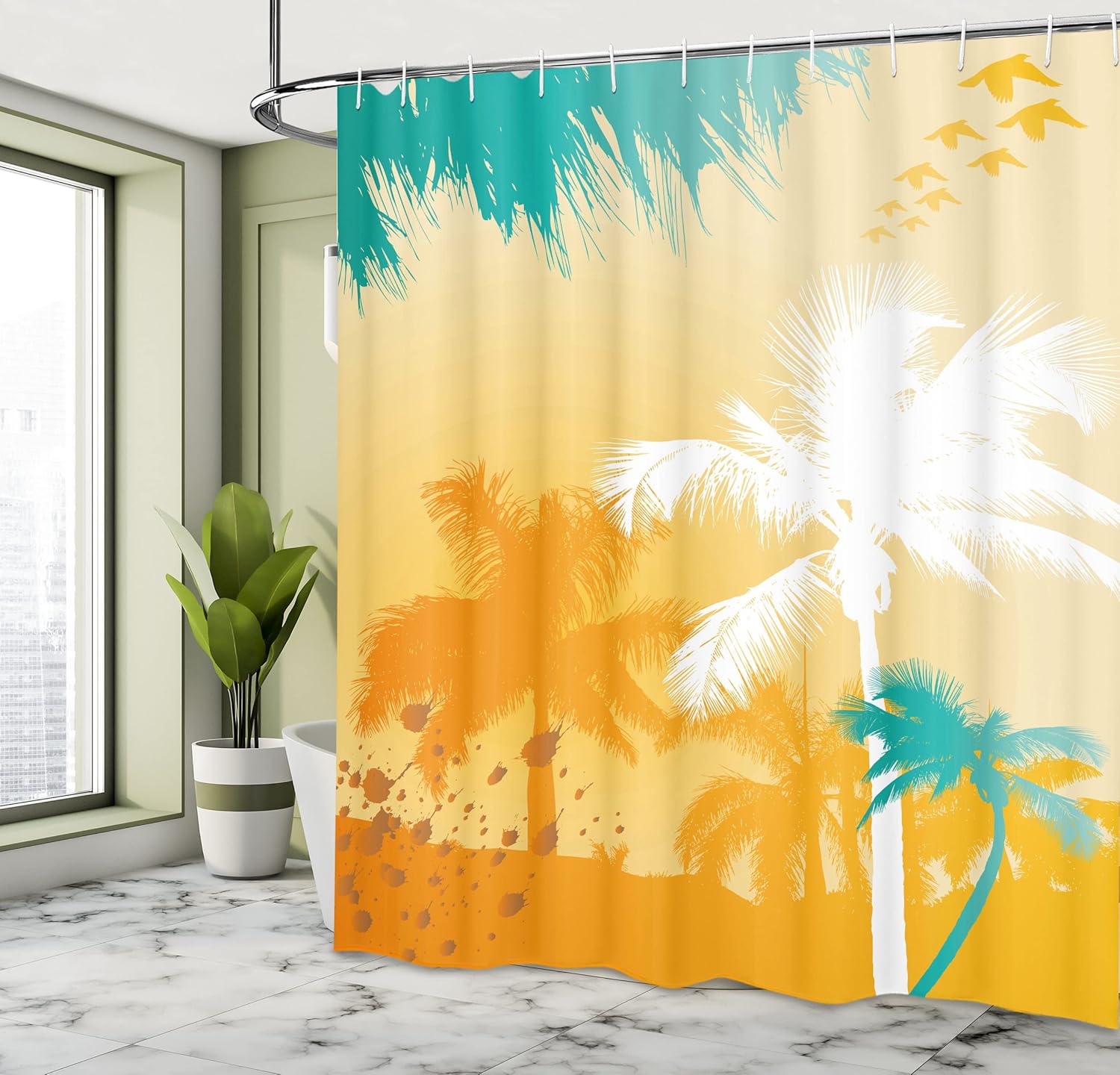 Ambesonne Tropical Shower Curtain, Grunge Style Vibrant Palms Silhouette Paradise with Funky Retro Graphic, Cloth Fabric Bathroom Decor Set with Hooks, 69" W x 70" L, Marigold Teal White