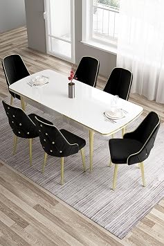 Tia Serisi 80x132 cm A labilir Yemek Odas  Tak m , Beyaz Masa, Siyah Sandalye, Gold Detay, 6 Ki ilik