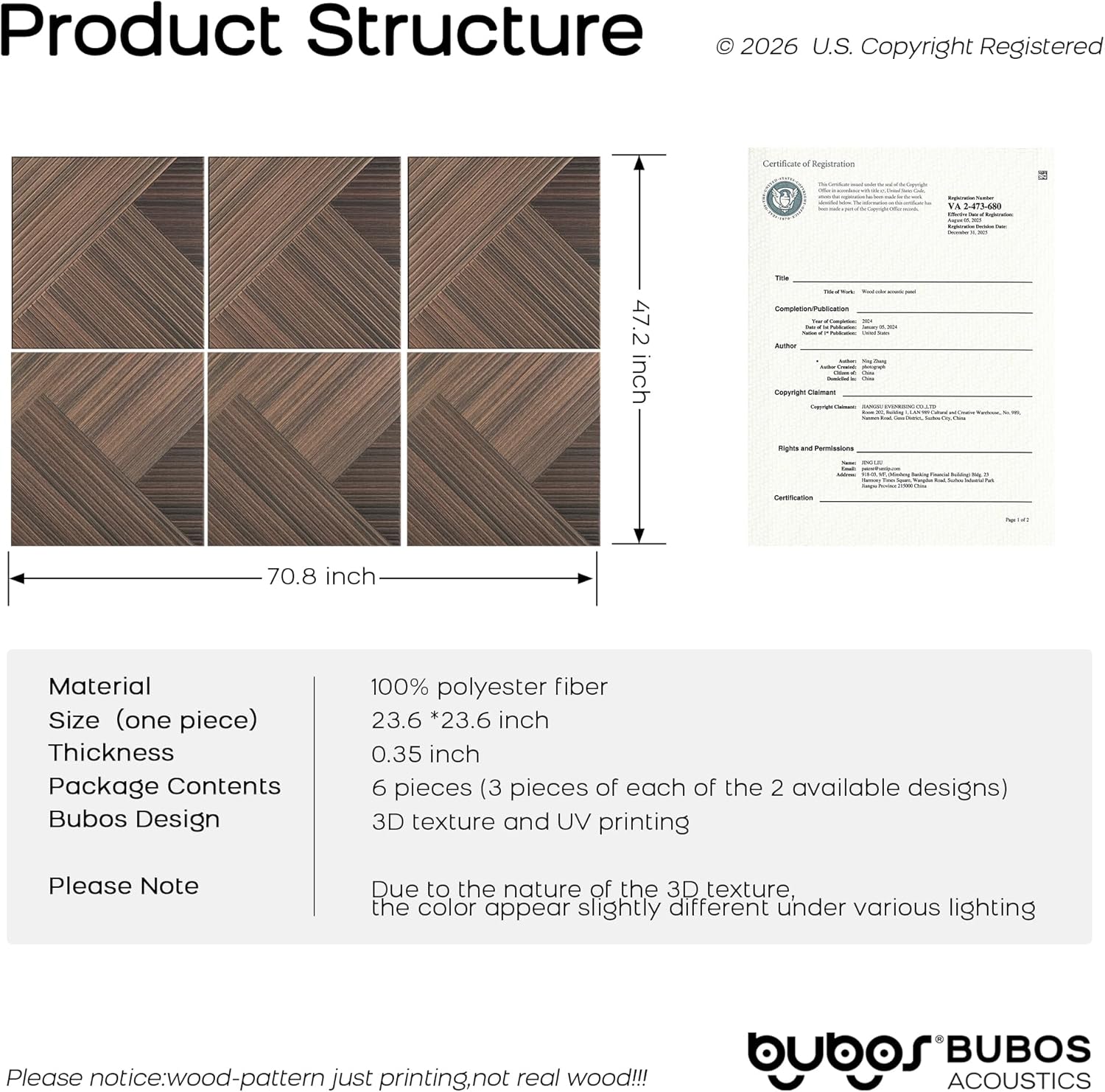 BUBOS 6 Pack Self-Adhesive Acoustic Wall Panels,23.6" x 23.6" Sound Proof Panels for Walls,3D Wood Pattern Acoustic Panels,Decorative Sound Absorbing Wall Art for Studio, Home Office(Red Brown Walnut)