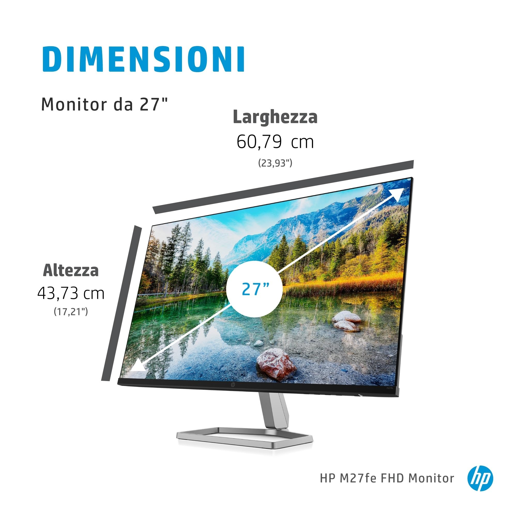 HP M27fe Monitor da 27", FHD, 16:9, Antiriflesso, Pannello IPS da 75Hz, Tempo di Risposta 5 ms, Reclinabile, AMD FreeSync, 300 Nits, Low Blue Light, HDMI 1.4, VGA, No montaggio VESA, Argento