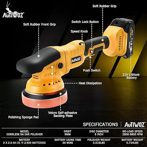 Miniatura 2 de Pulidora inalámbrica para automóvil, 2 baterías de 2000 mAh 21 V, pulidora orbital aleatoria de 5 pulgadas para detalles de automóviles, encerado,