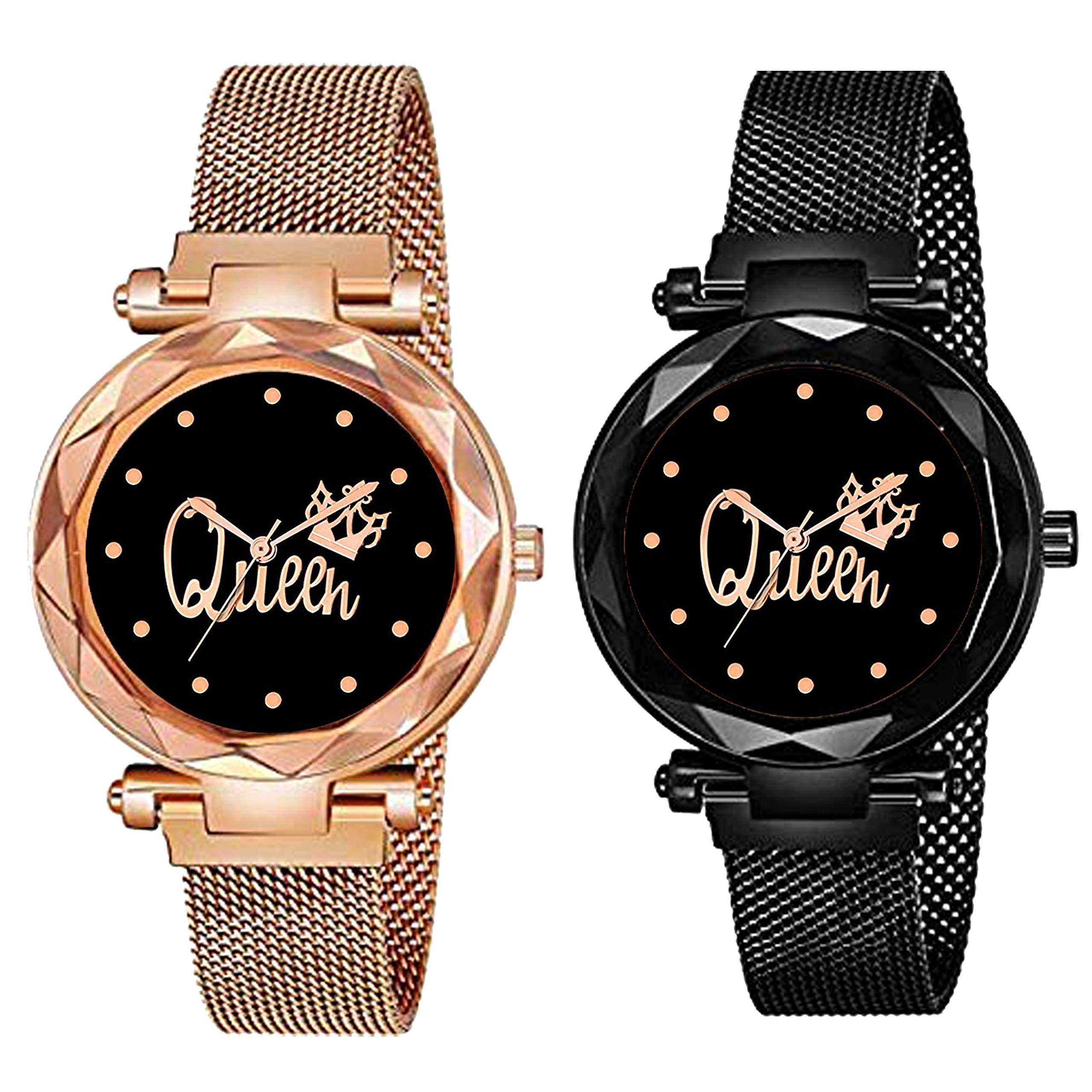 casera Queen Round Dial with Latest Stylish Black & Rose Gold Magnet Belt Analogue Watch for Women