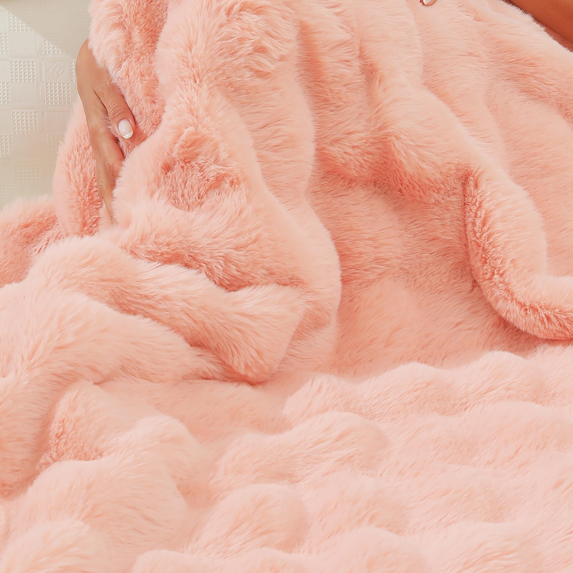 RYNGHIPY Faux Rabbit Fur Bed Throws, Fluffy Warm Throw Blanket for Sofa Couch, Soft Plush Decorative Blanket Thick and Heavy, Cute Bubble Furry Blanket (Blush, 63''x79''): 63''x79'' Blush