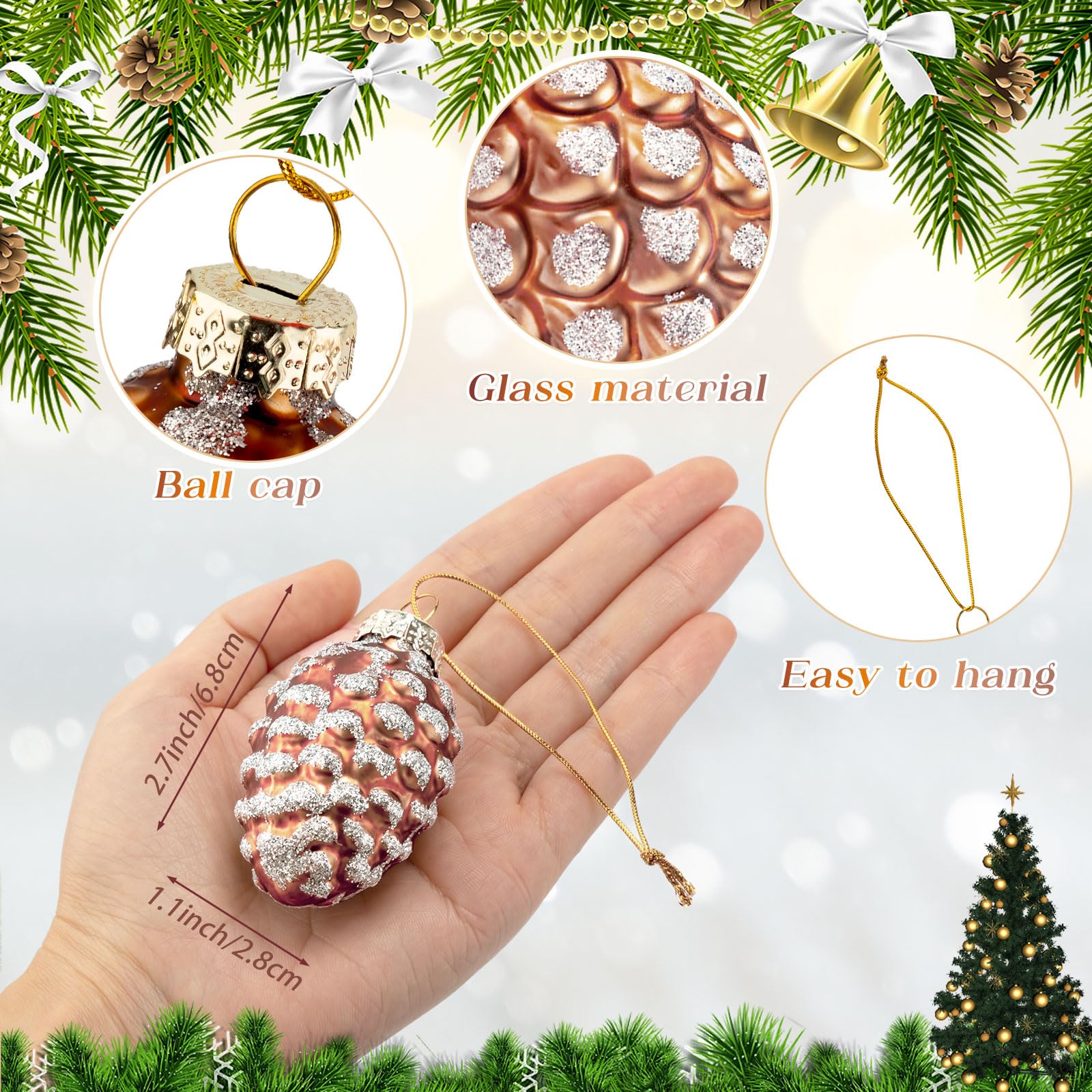Sliner 36 adornos de cristal de cono de pino de Navidad, adorno de piña para árbol de Navidad, adornos de vidrio brillante para Navidad, otoño, día de Acción de Gracias, decoraciones de fiesta